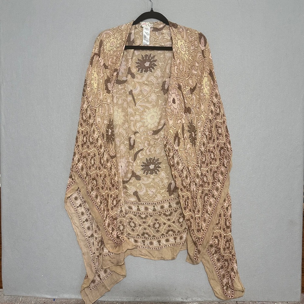 Free People Magic Dance Border Print Kimono Tan Brown Floral Boho Wrap OS